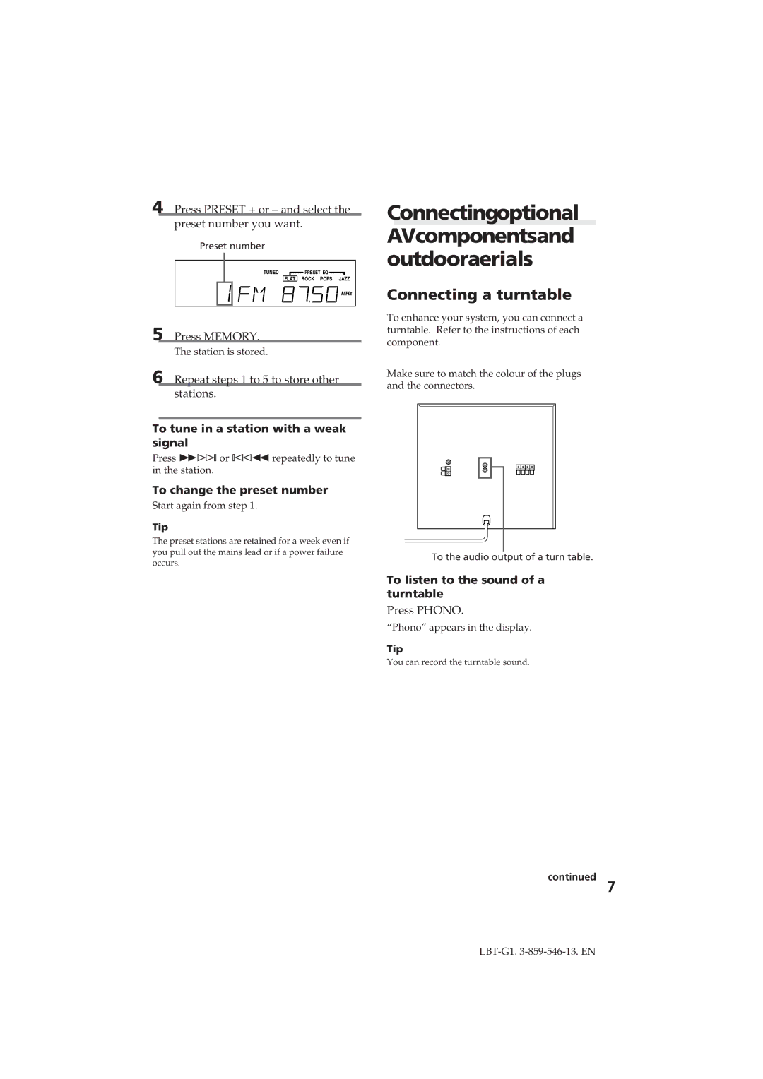 Sony LBT-G1 manual Connectingoptional AVcomponentsand outdooraerials, To tune in a station with a weak signal 