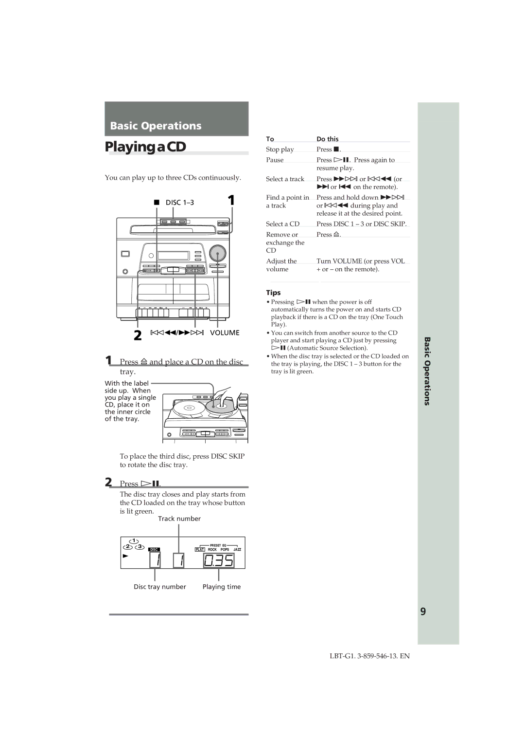 Sony LBT-G1 manual PlayingaCD, Press ¤and place a CD on the disc tray, Press áP, Basic Operations, Tips 