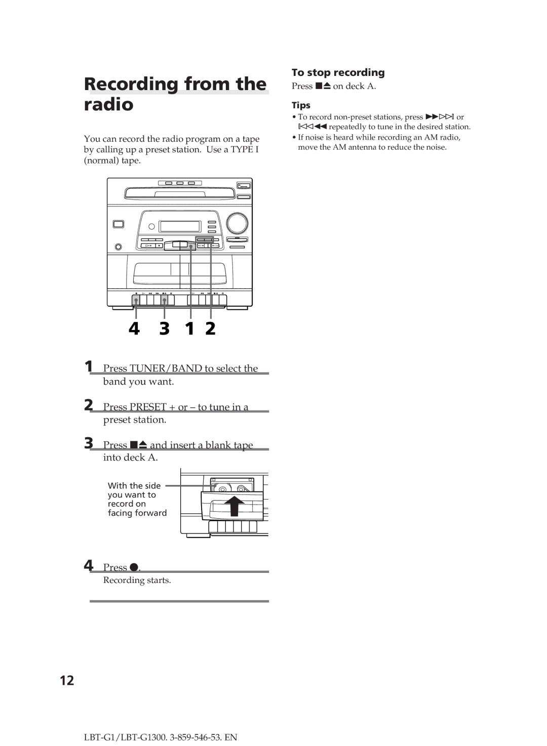 Sony LBT-G1300 manual Recording from the radio, Press r 