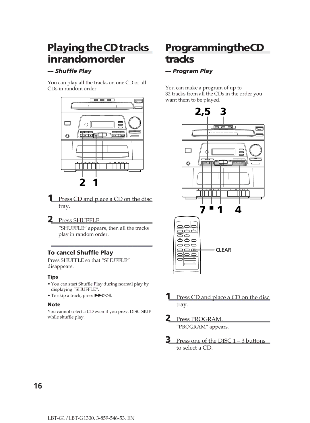 Sony LBT-G1300 manual PlayingtheCDtracks inrandomorder, ProgrammingtheCD tracks, To cancel Shuffle Play, Program Play 