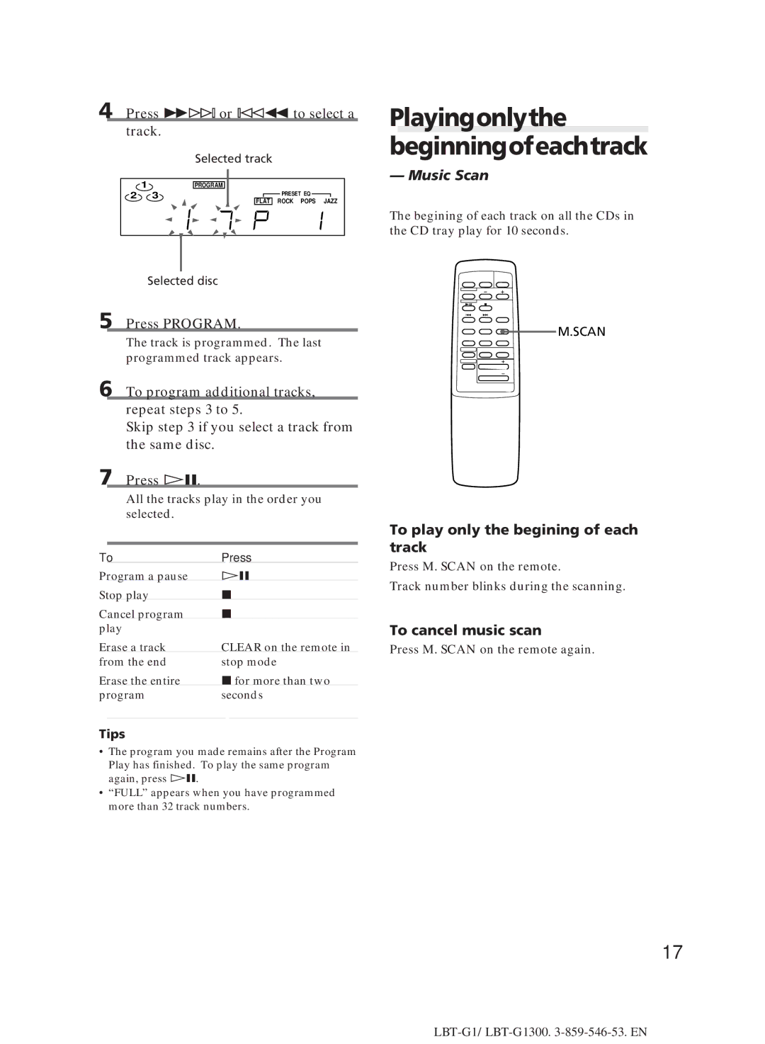 Sony LBT-G1300 manual Playingonlythe beginningofeachtrack, Press ±or -0 to select a track, Music Scan, To cancel music scan 