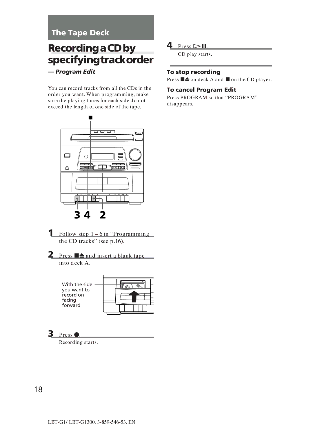 Sony LBT-G1300 manual RecordingaCDby specifyingtrackorder, To cancel Program Edit 