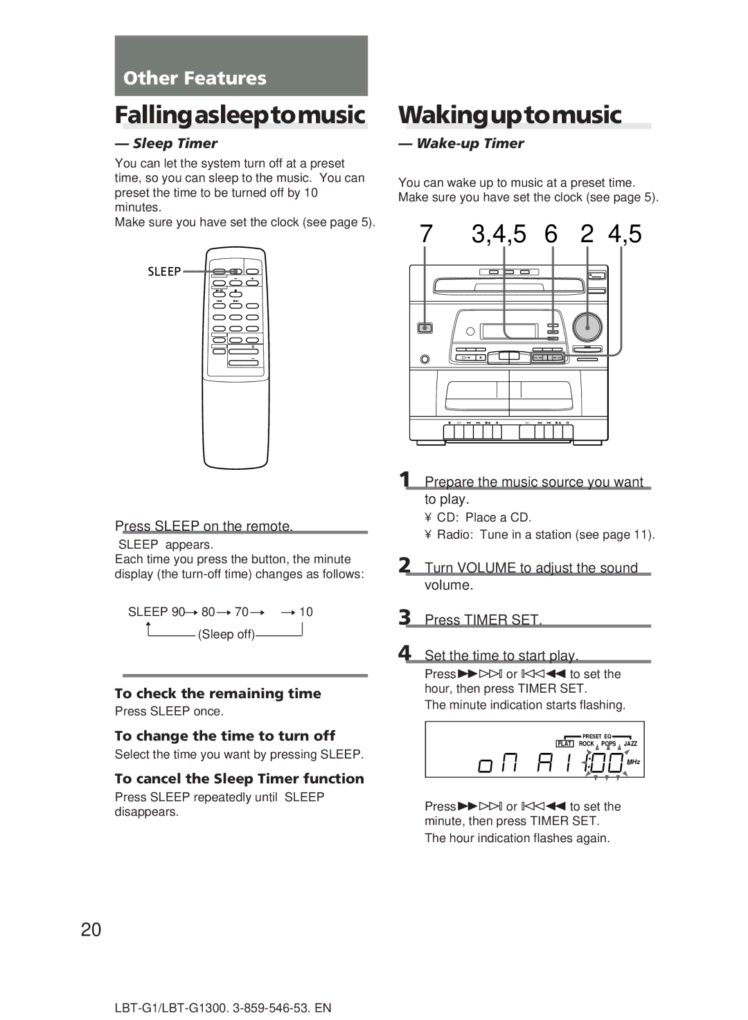 Sony LBT-G1300 manual Fallingasleeptomusic, Wakinguptomusic, Sleep Timer, Wake-up Timer 