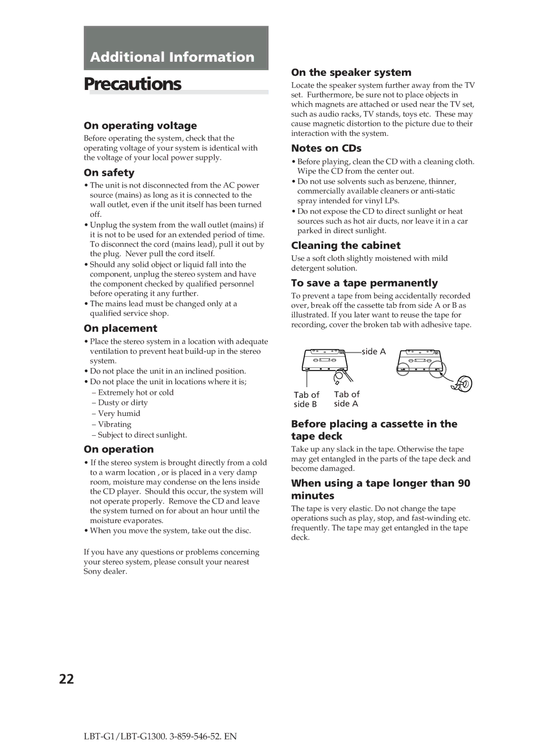 Sony LBT-G1300 manual Precautions 