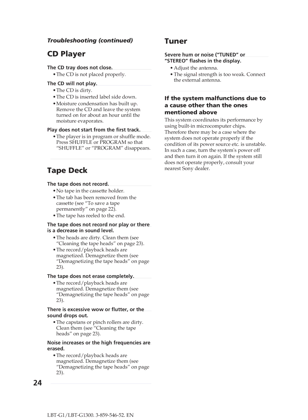 Sony LBT-G1300 manual Troubleshooting 