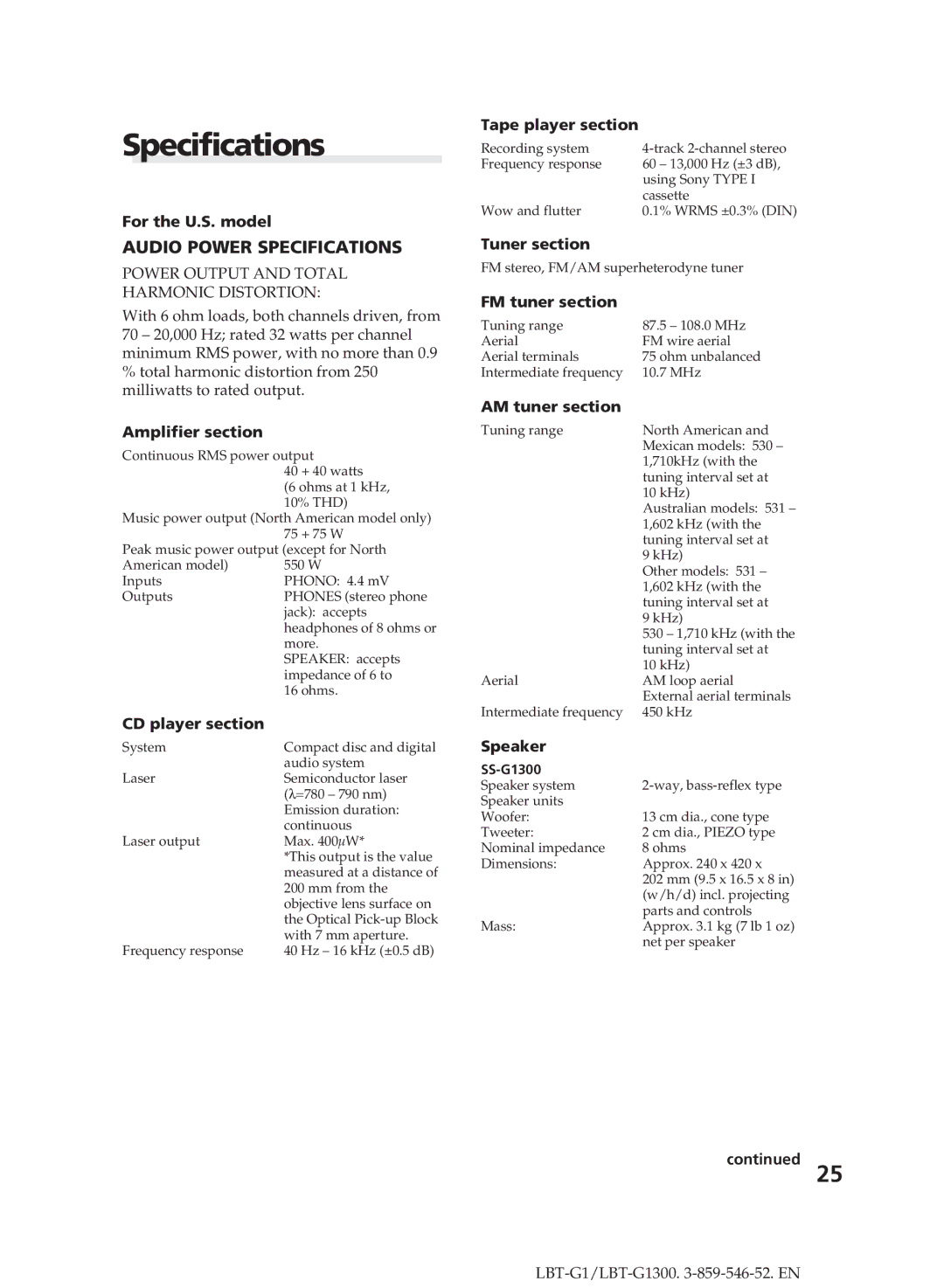 Sony LBT-G1300 manual Specifications 