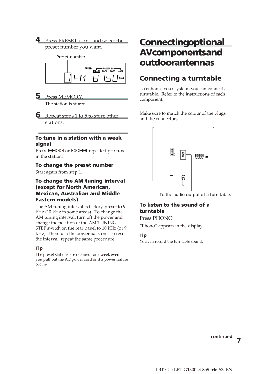 Sony LBT-G1300 manual Connectingoptional AVcomponentsand outdoorantennas, To tune in a station with a weak signal 