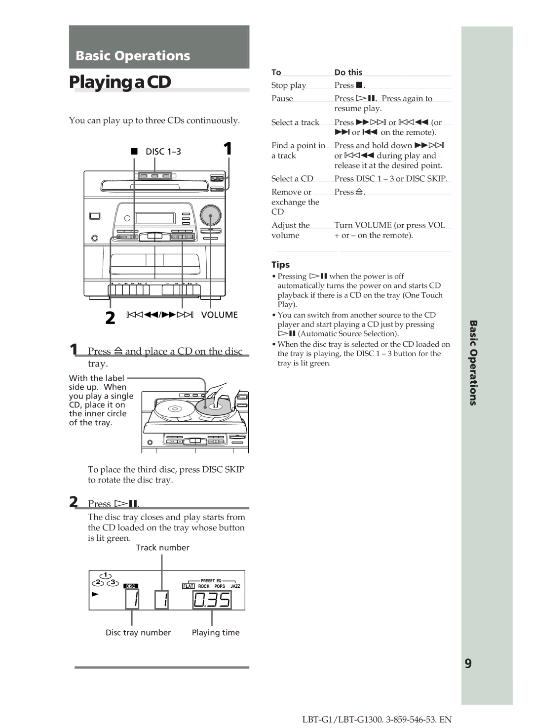 Sony LBT-G1300 manual PlayingaCD, Press ¤and place a CD on the disc tray, Press áP, Basic Operations, Tips 