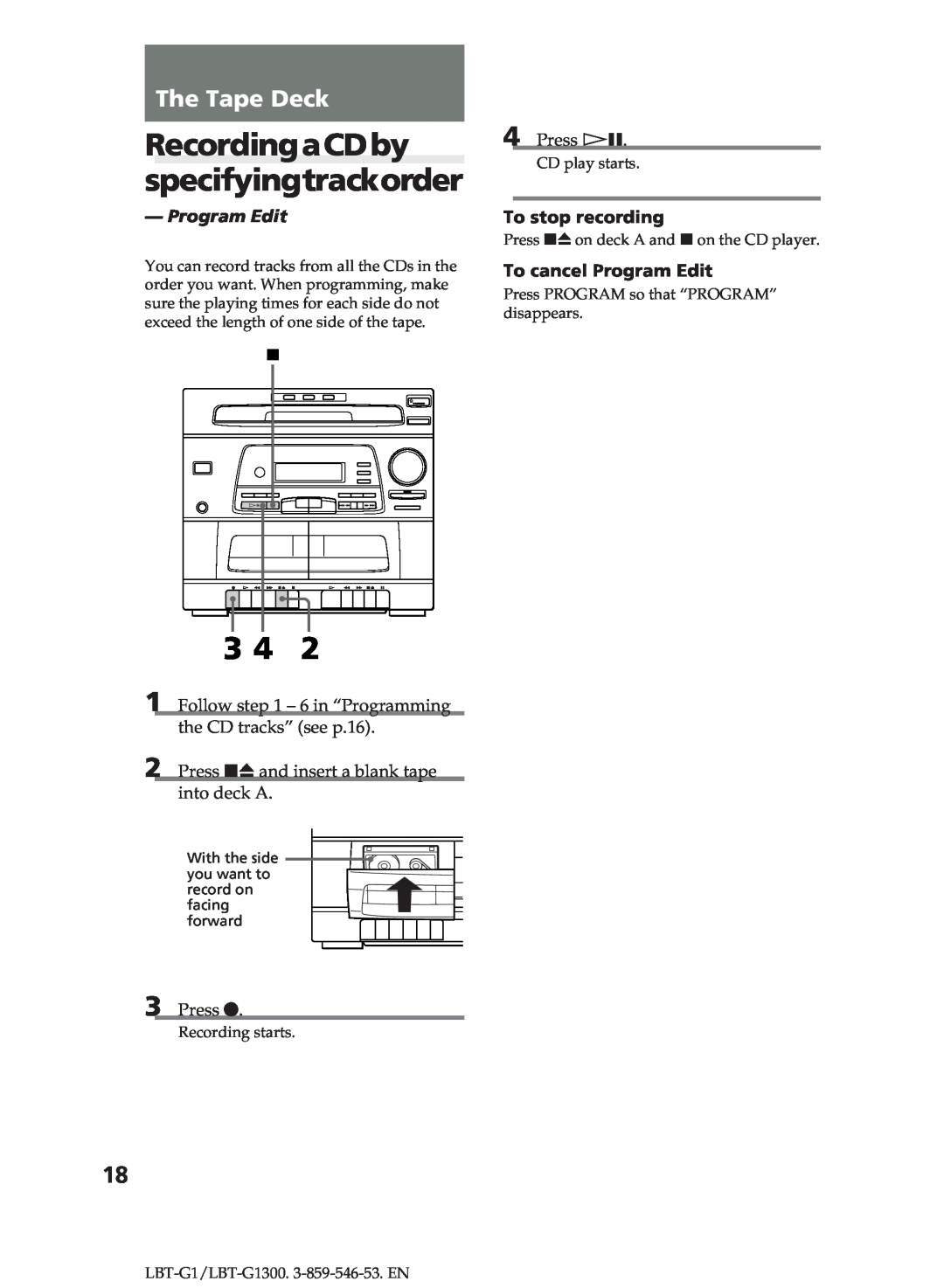 Sony LBT-G1300 manual RecordingaCDby specifyingtrackorder, The Tape Deck, Program Edit, Press r, Press áP 