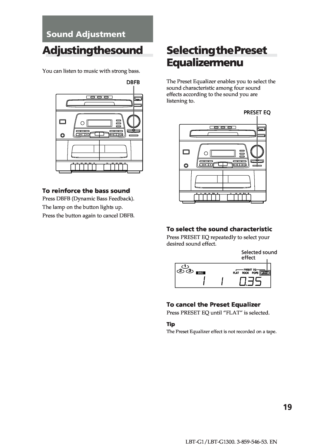 Sony LBT-G1300 manual Adjustingthesound, SelectingthePreset Equalizermenu, Sound Adjustment 