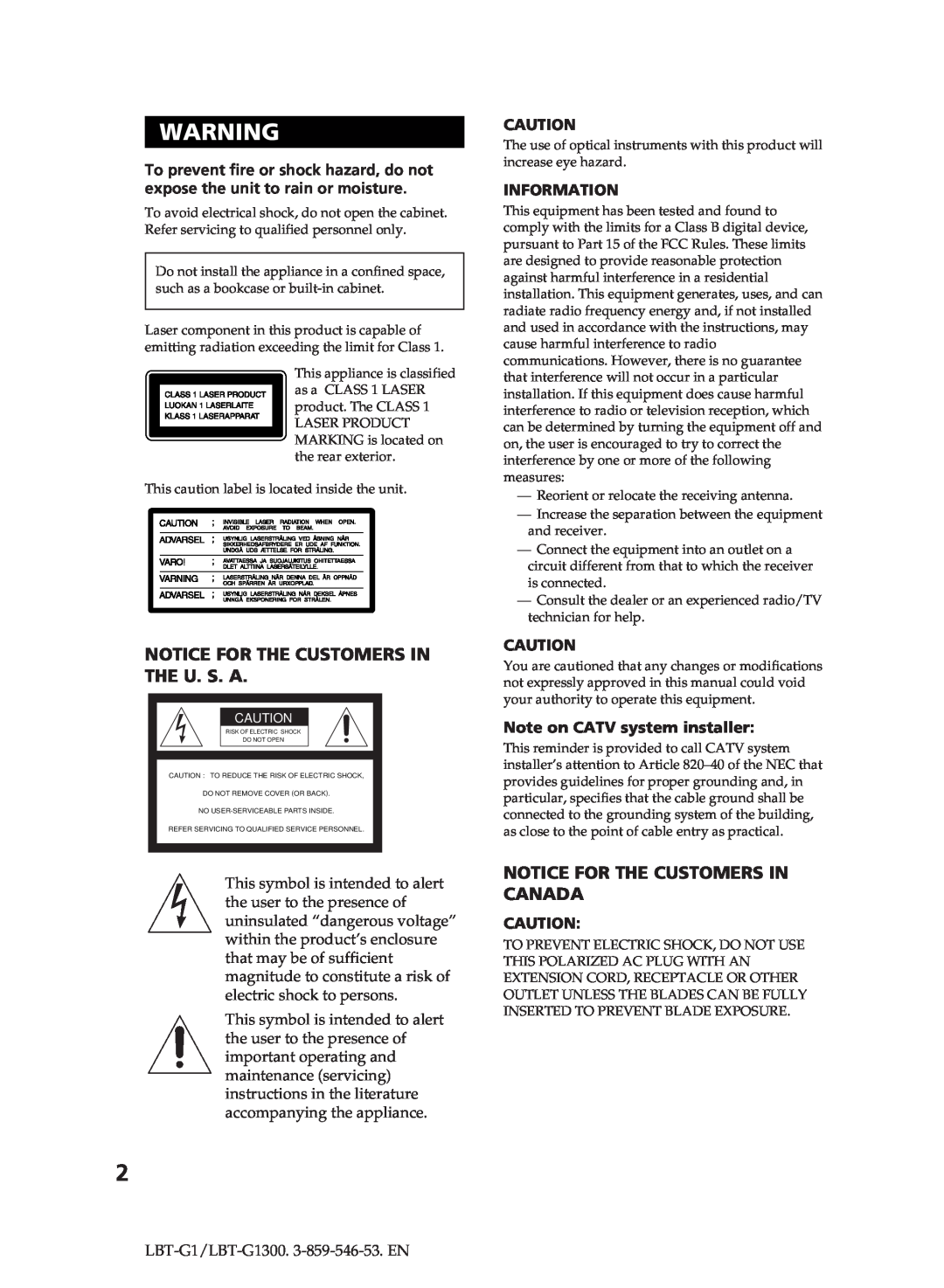 Sony LBT-G1300 manual Notice For The Customers In The U. S. A, Notice For The Customers In Canada, Information 