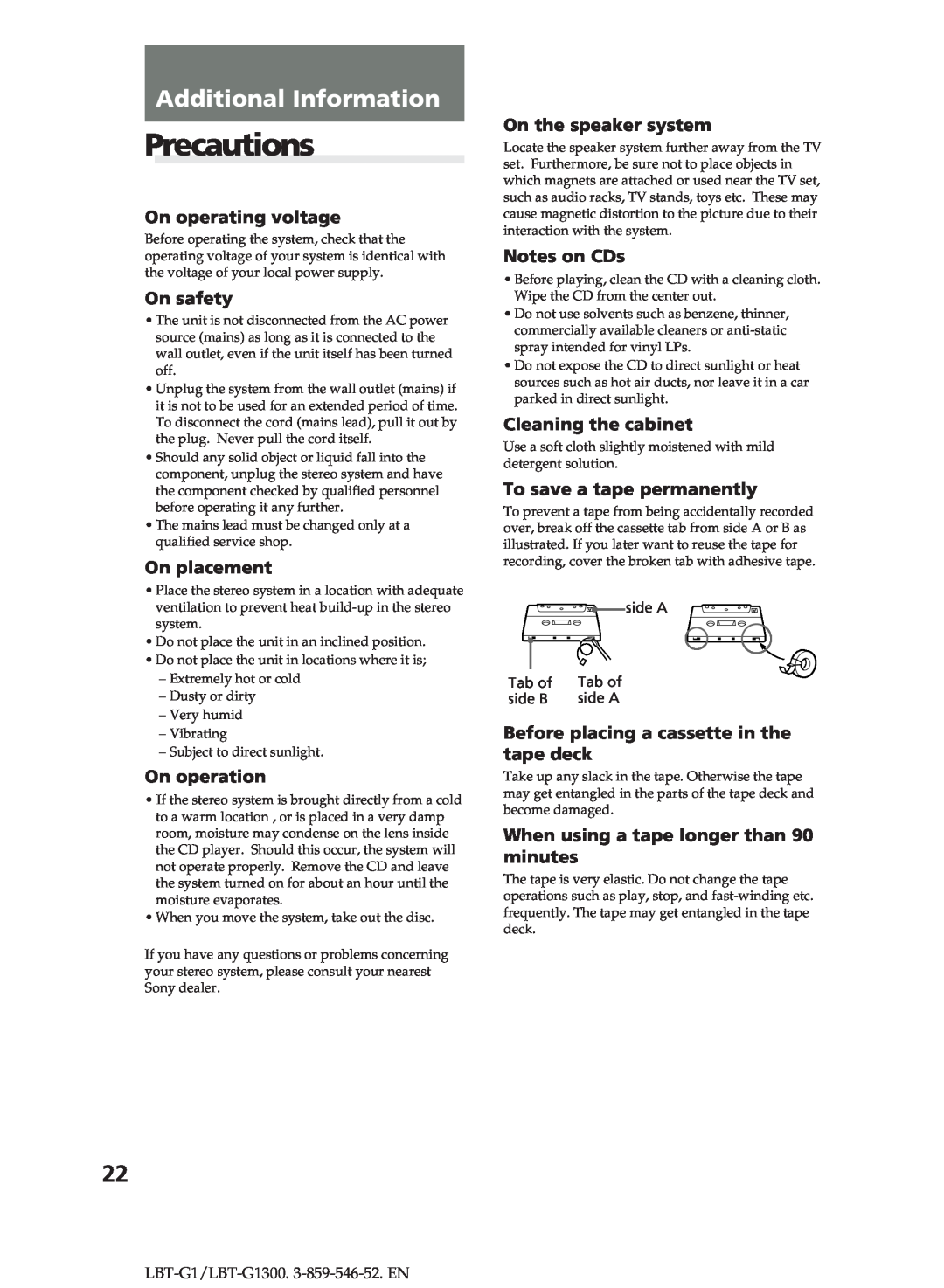Sony LBT-G1300 manual Precautions, Additional Information 