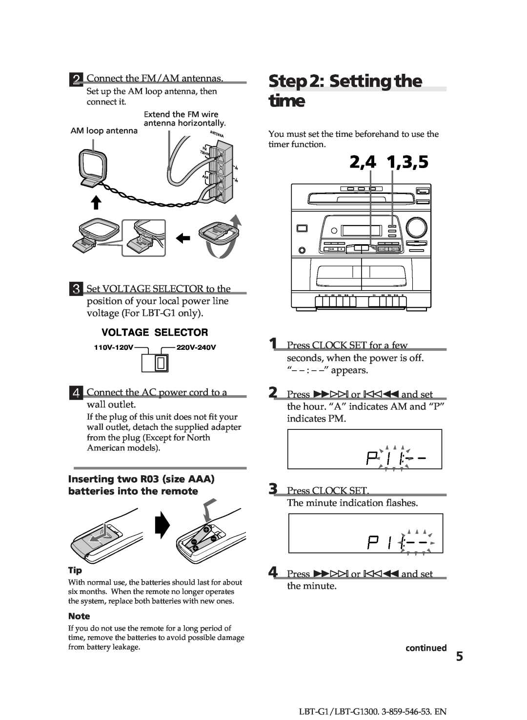 Sony LBT-G1300 manual Settingthe time, 1,3,5, Voltage Selector 