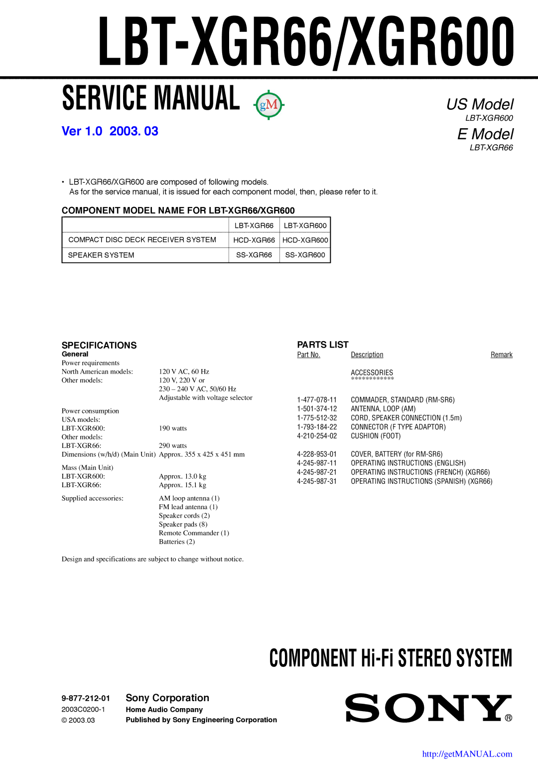 Sony LBT-XGR600 specifications LBT-XGR66/XGR600, Model, Component Hi-Fi Stereo System, Sony Corporation 