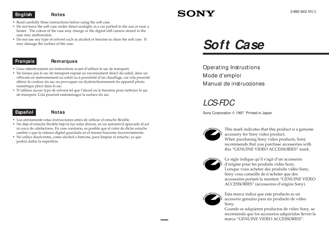 Sony LCS-FDC operating instructions Soft Case, Lcs-Fdc, English Notes, Français Remarques, Español Notas 