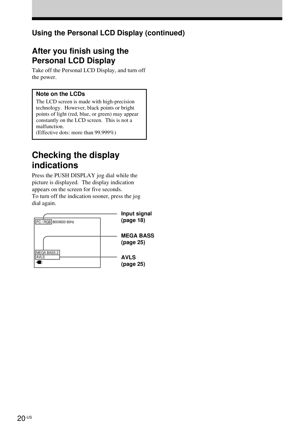 Sony LDI-100B Checking the display indications, After you finish using Personal LCD Display, Input signal Mega Bass Avls 