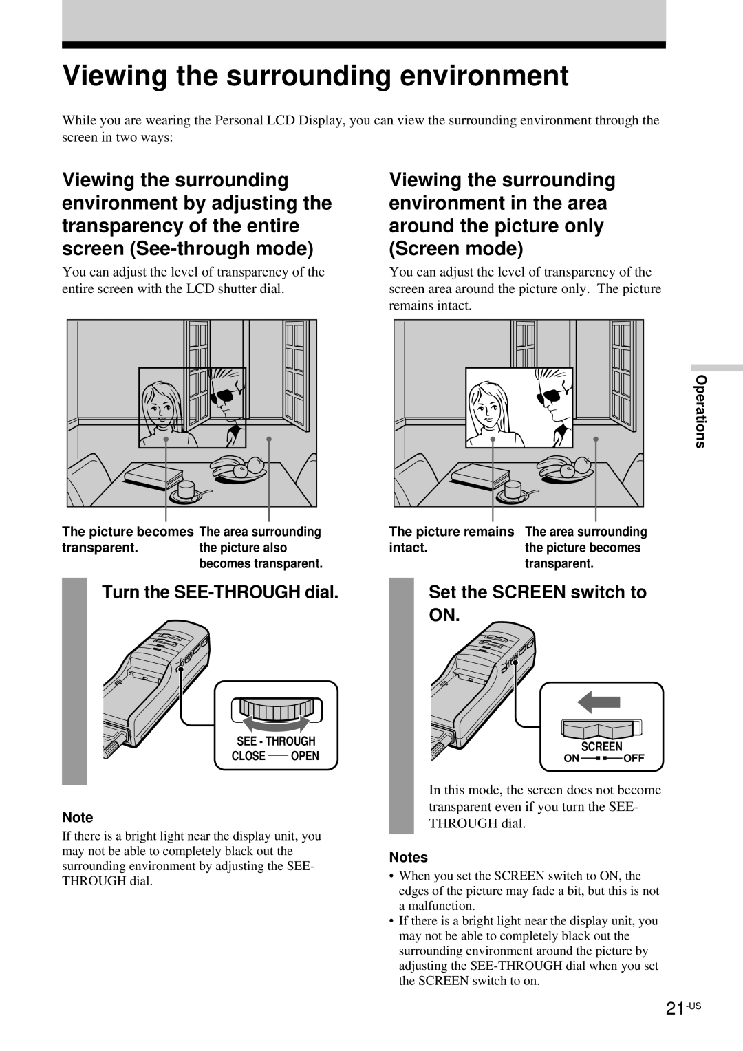 Sony LDI-100B Viewing the surrounding environment, Turn the SEE-THROUGH dial, Set the Screen switch to on 