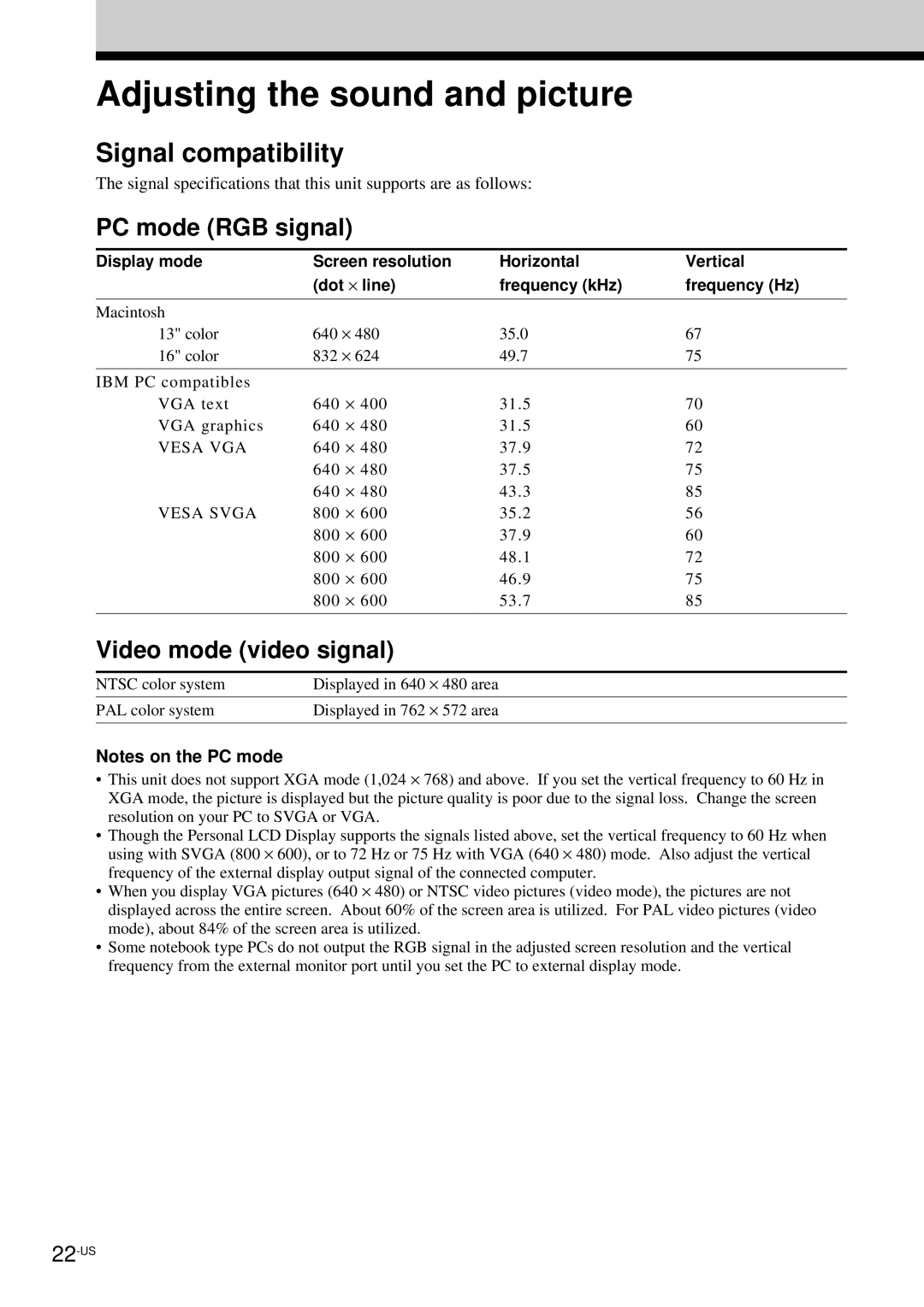 Sony LDI-100B Adjusting the sound and picture, Signal compatibility, PC mode RGB signal, Video mode video signal 