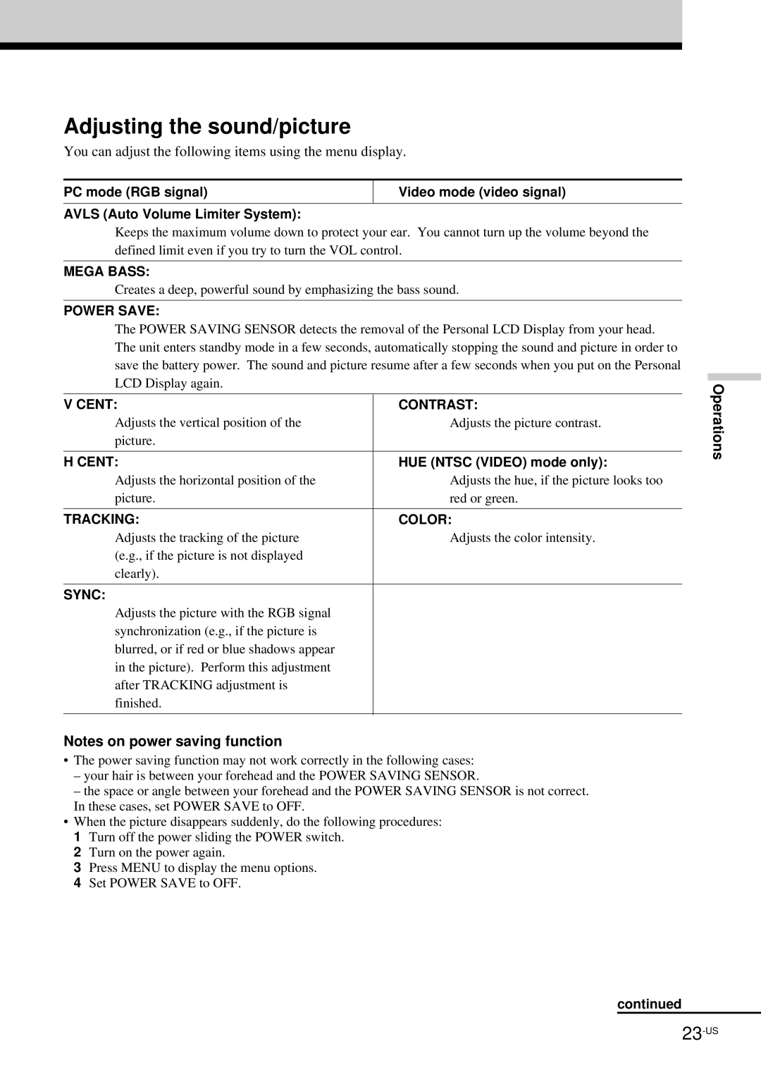 Sony LDI-100B operating instructions Adjusting the sound/picture, HUE Ntsc Video mode only 