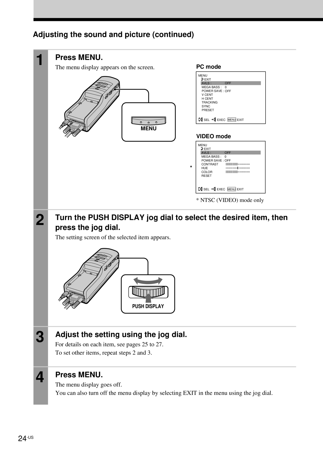 Sony LDI-100B Adjusting the sound and picture Press Menu, Press the jog dial, Adjust the setting using the jog dial 