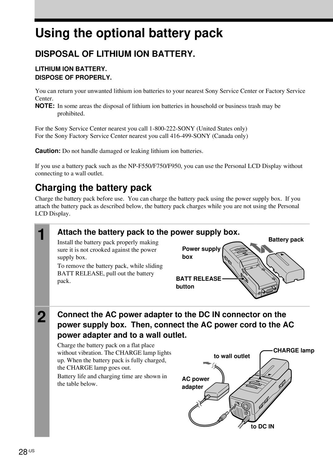 Sony LDI-100B Using the optional battery pack, Charging the battery pack, Attach the battery pack to the power supply box 