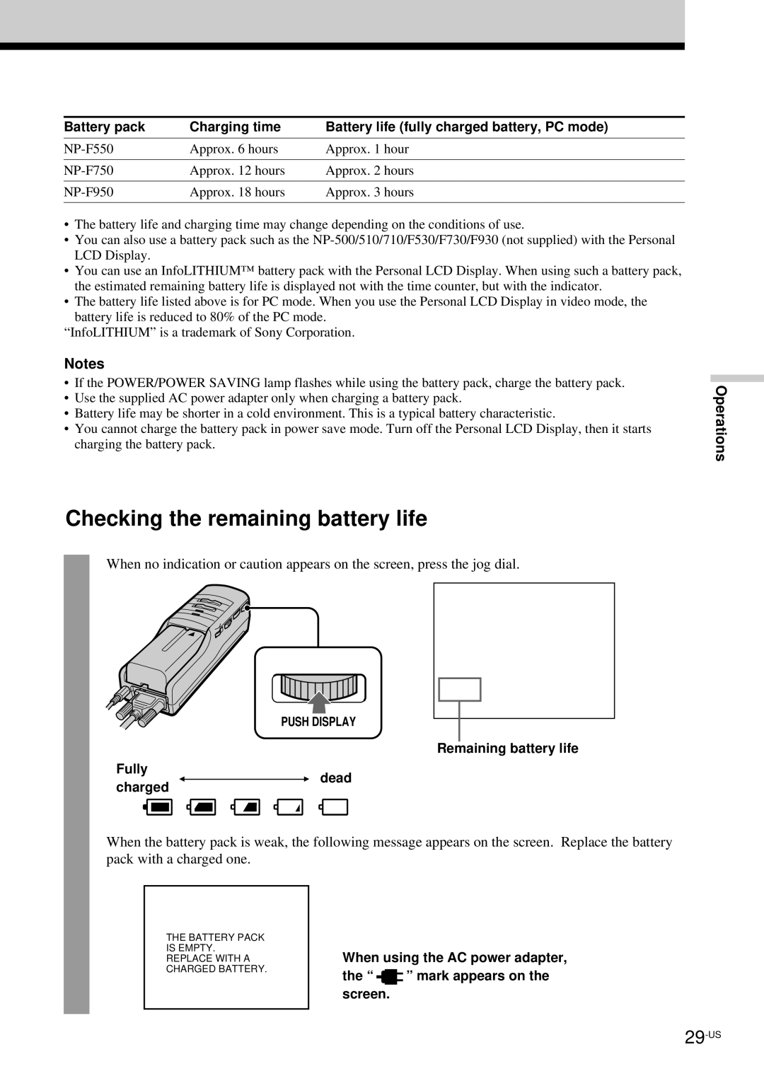 Sony LDI-100B Checking the remaining battery life, Fully Remaining battery life Dead Charged, Mark appears on, Screen 