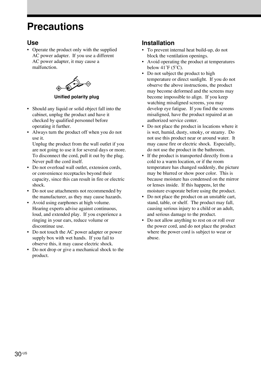 Sony LDI-100B operating instructions Precautions, Use, Installation, Unified polarity plug 