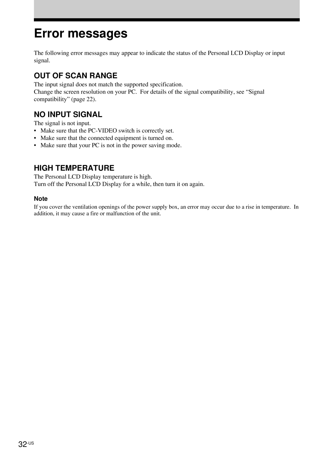 Sony LDI-100B operating instructions Error messages, OUT of Scan Range 