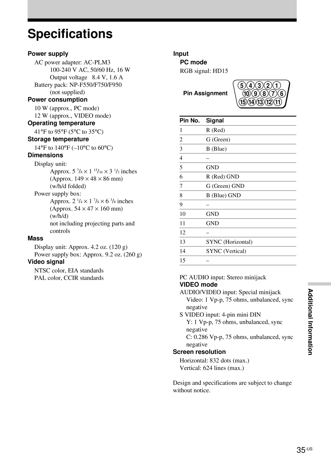 Sony LDI-100B operating instructions Specifications, Pin Assignment, Pin No Signal 