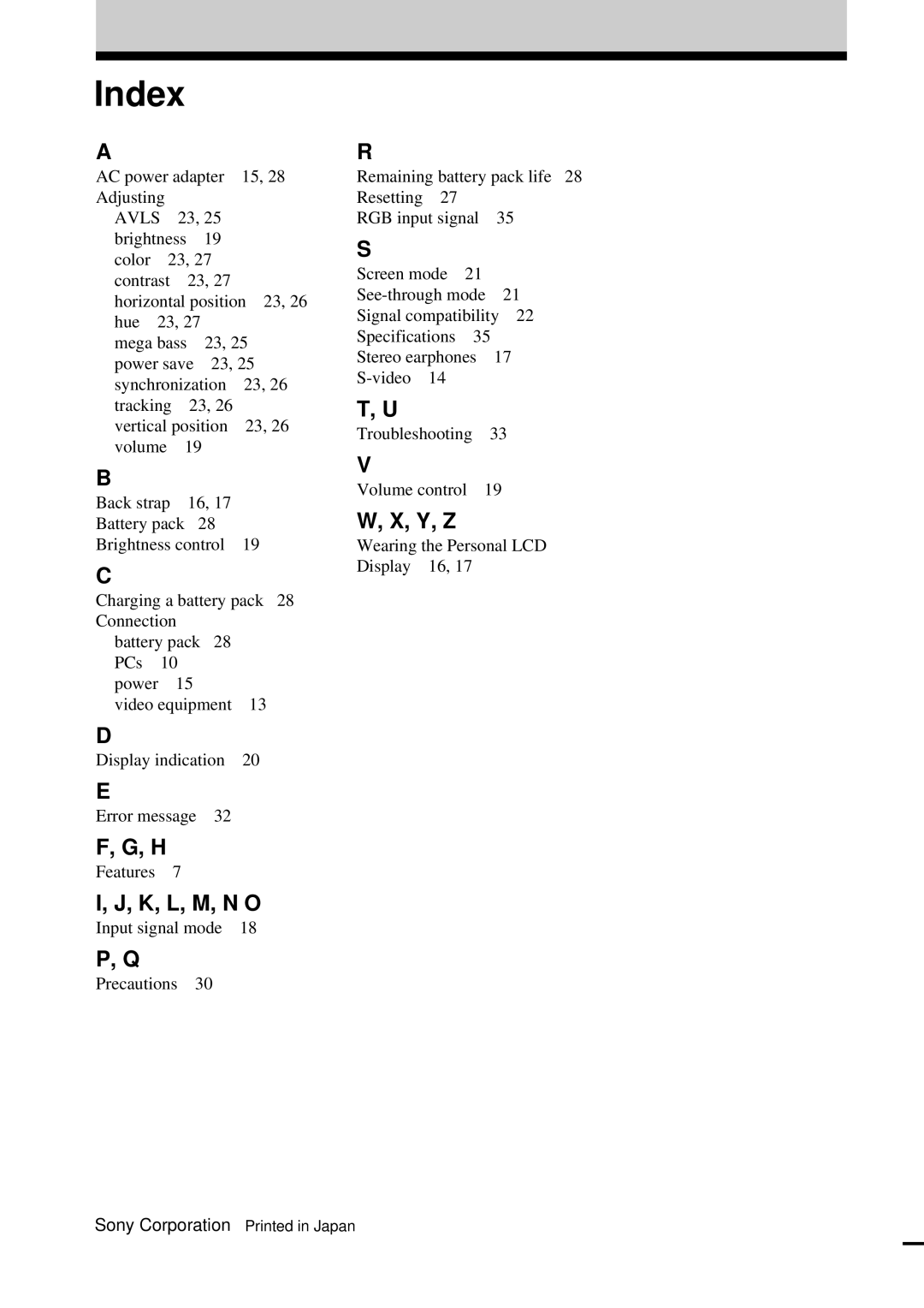 Sony LDI-100B operating instructions Index, K, L, M, N O, Y, Z 