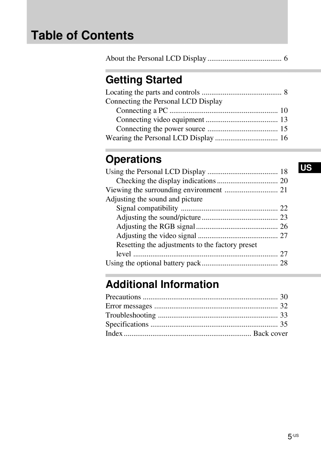 Sony LDI-100B operating instructions Table of Contents 