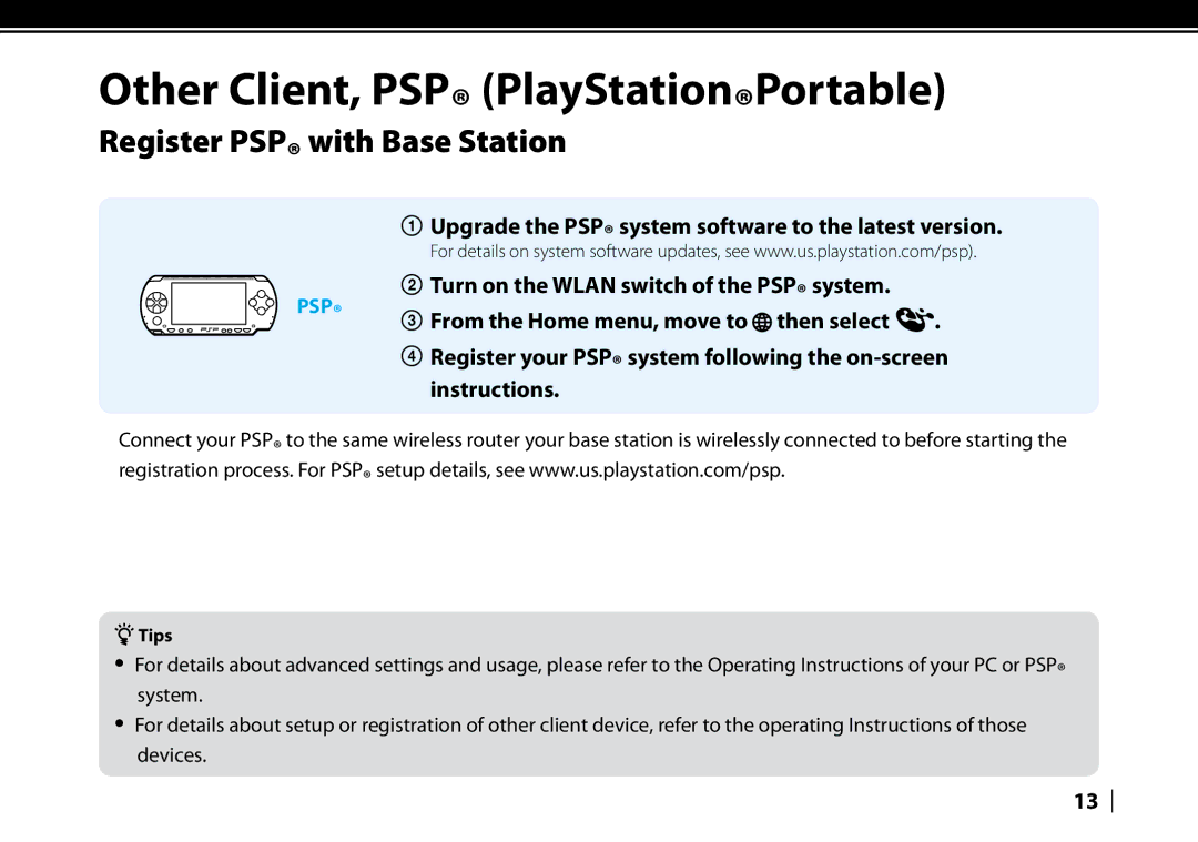 Sony LF-V30 quick start Other Client, PSP PlayStationPortable, Register PSP with Base Station 