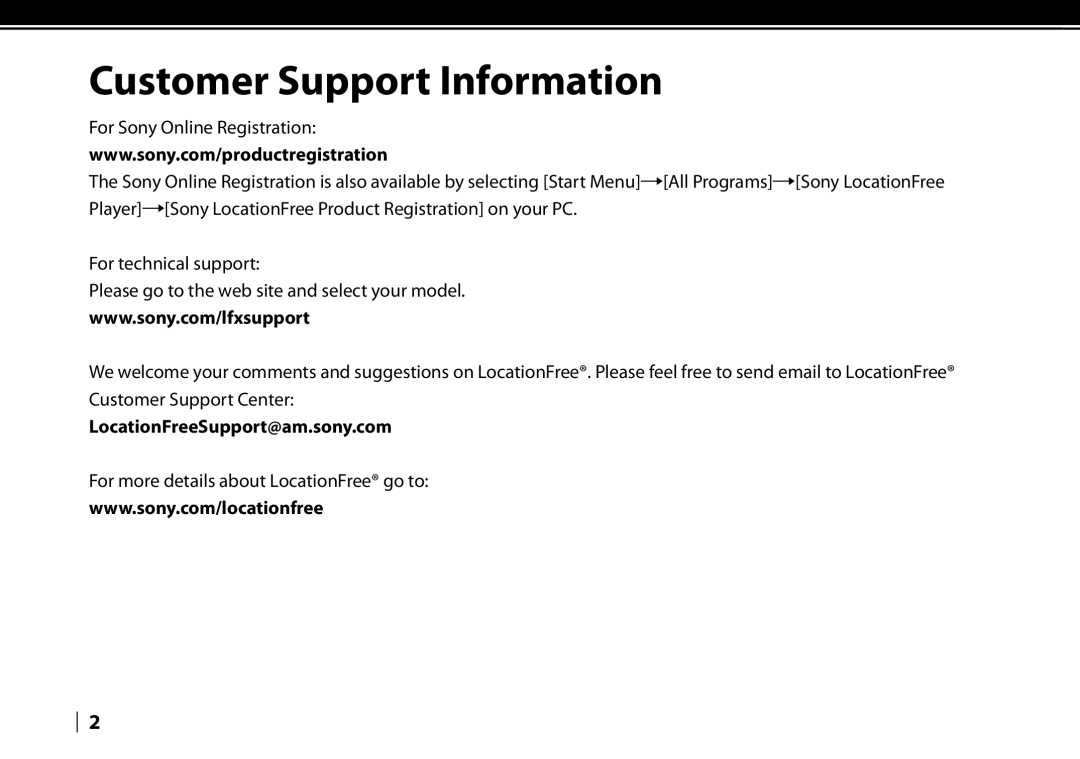 Sony LF-V30 quick start Customer Support Information 