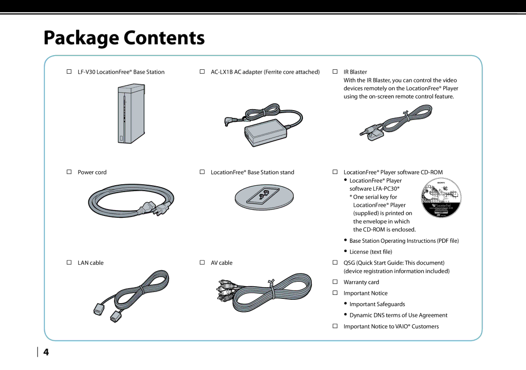 Sony LF-V30 quick start Package Contents 