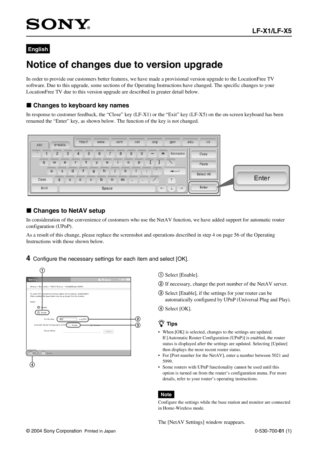 Sony LF-X5, LF-X1, Handheld TV, 185 manual Changes to keyboard key names, Changes to NetAV setup, Tips 