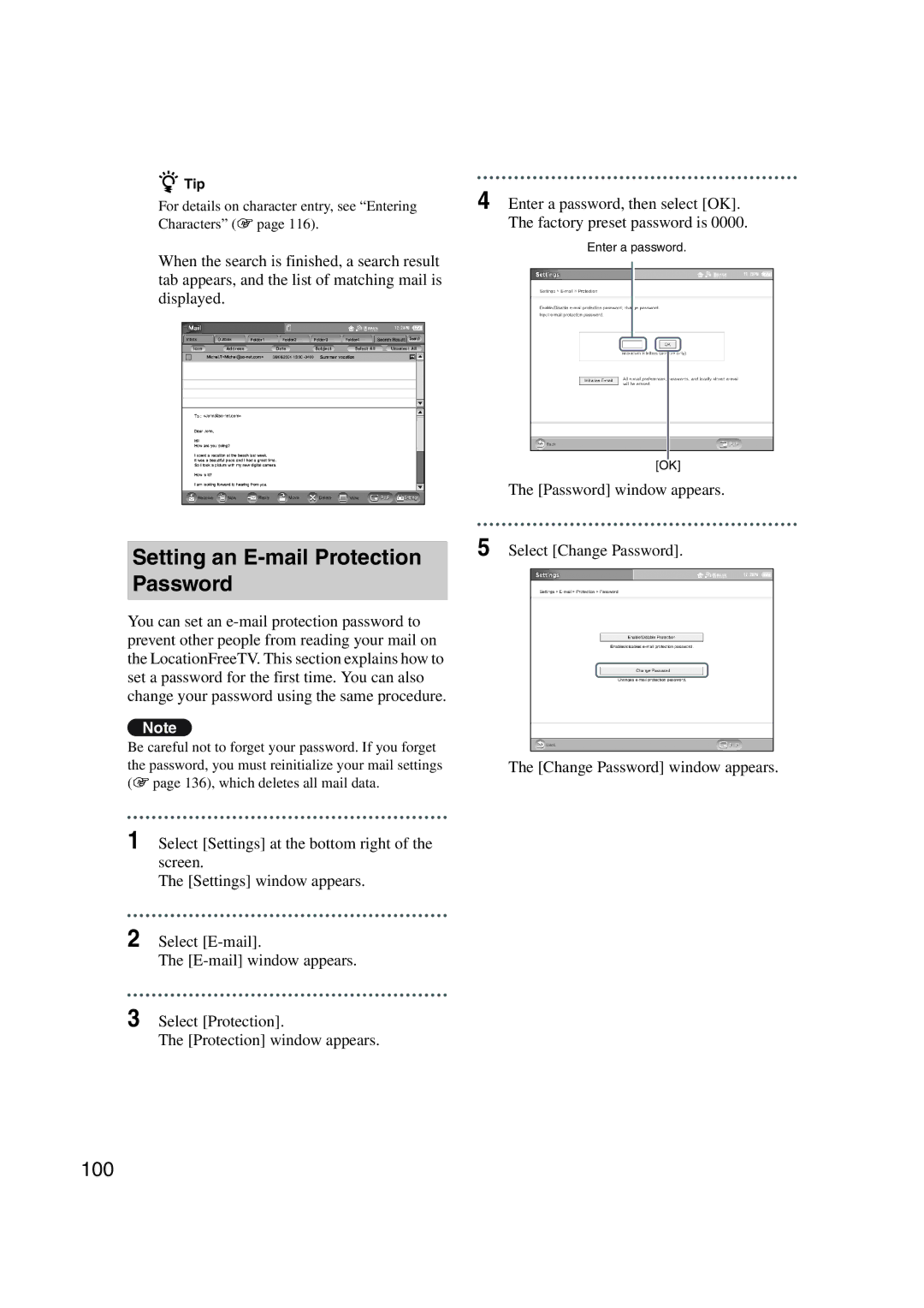 Sony LF-X1, LF-X5 operating instructions Setting an E-mail Protection Password, 100 