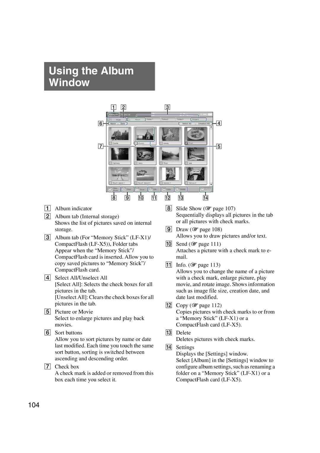 Sony LF-X1, LF-X5 operating instructions Using the Album Window, 104 