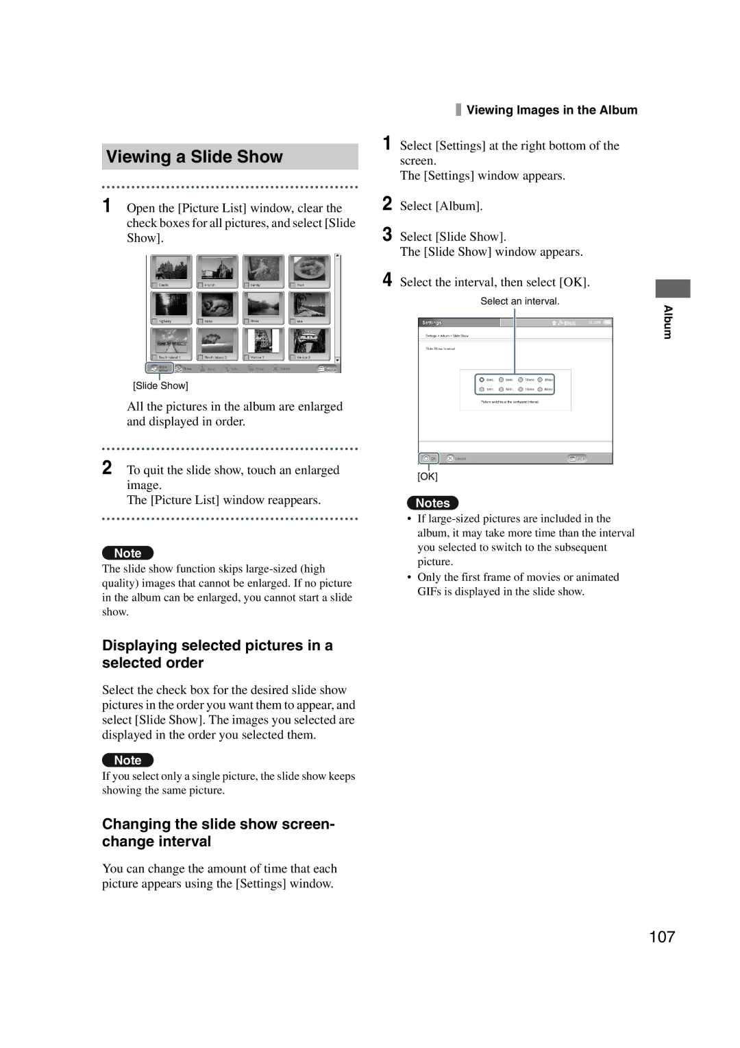 Sony LF-X1, LF-X5 operating instructions Viewing a Slide Show, 107, Displaying selected pictures in a selected order 