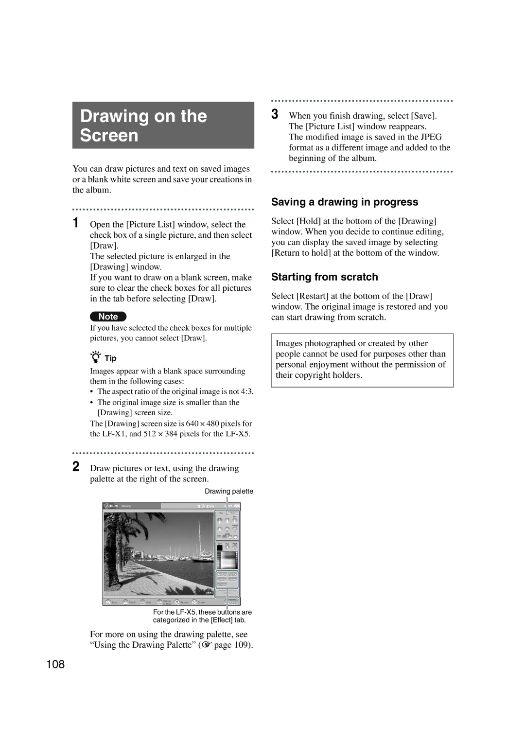 Sony LF-X1, LF-X5 operating instructions Drawing on Screen, 108, Saving a drawing in progress, Starting from scratch 