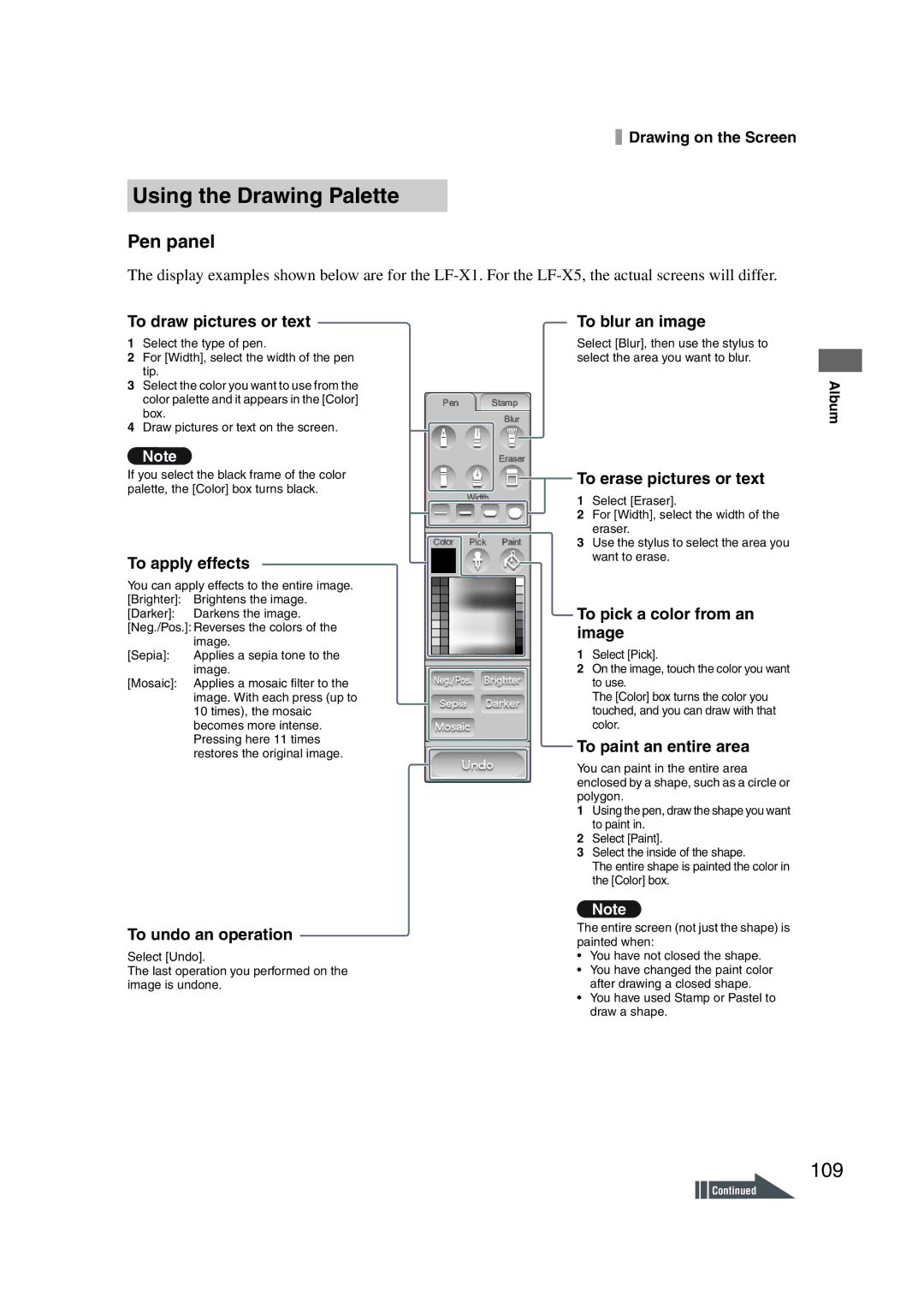 Sony LF-X1, LF-X5 operating instructions Using the Drawing Palette, 109, Pen panel 