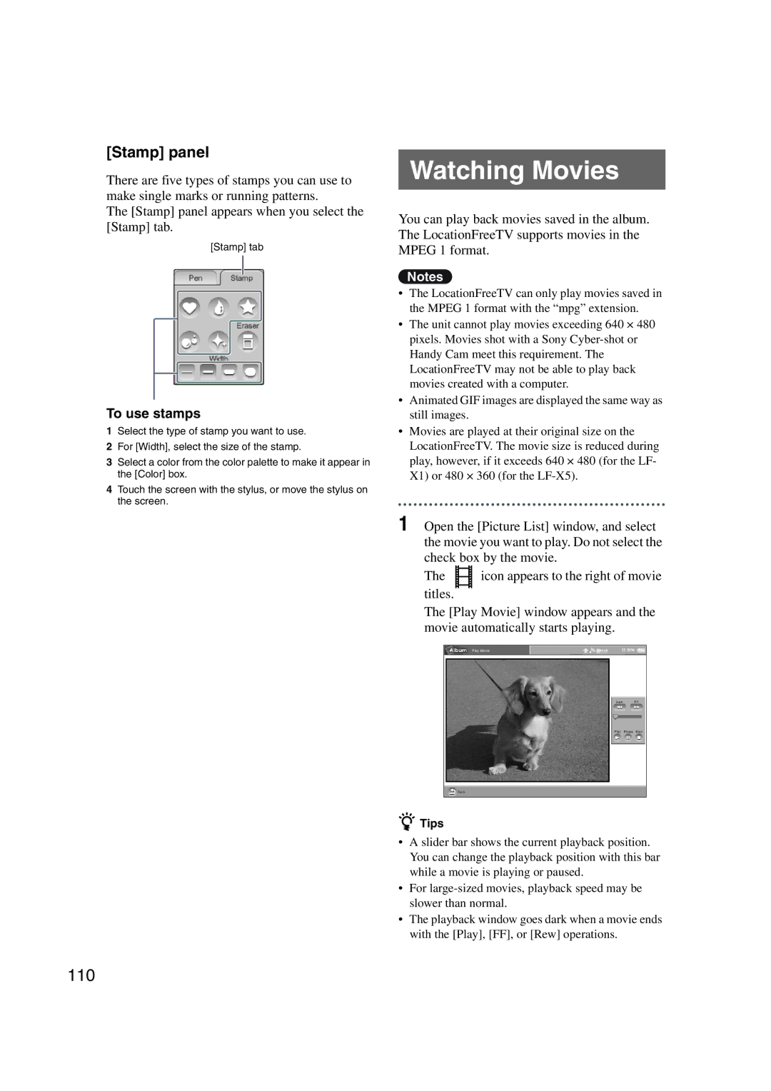 Sony LF-X1, LF-X5 operating instructions Watching Movies, 110, Stamp panel, To use stamps 