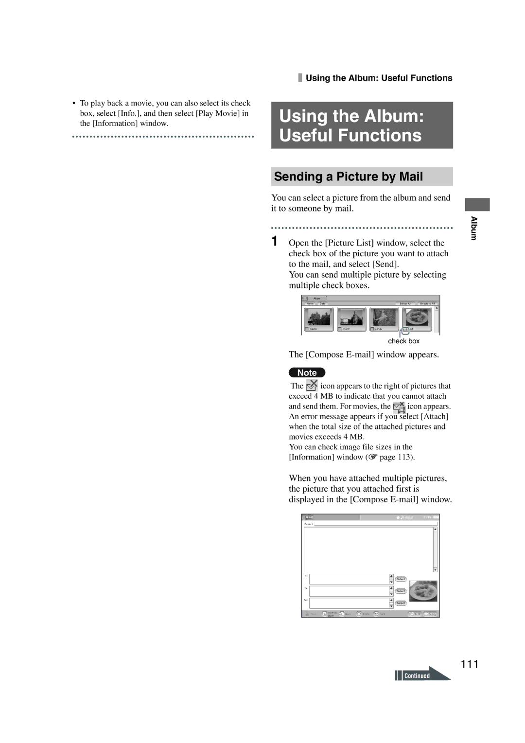 Sony LF-X1, LF-X5 operating instructions Sending a Picture by Mail, 111, Compose E-mail window appears 