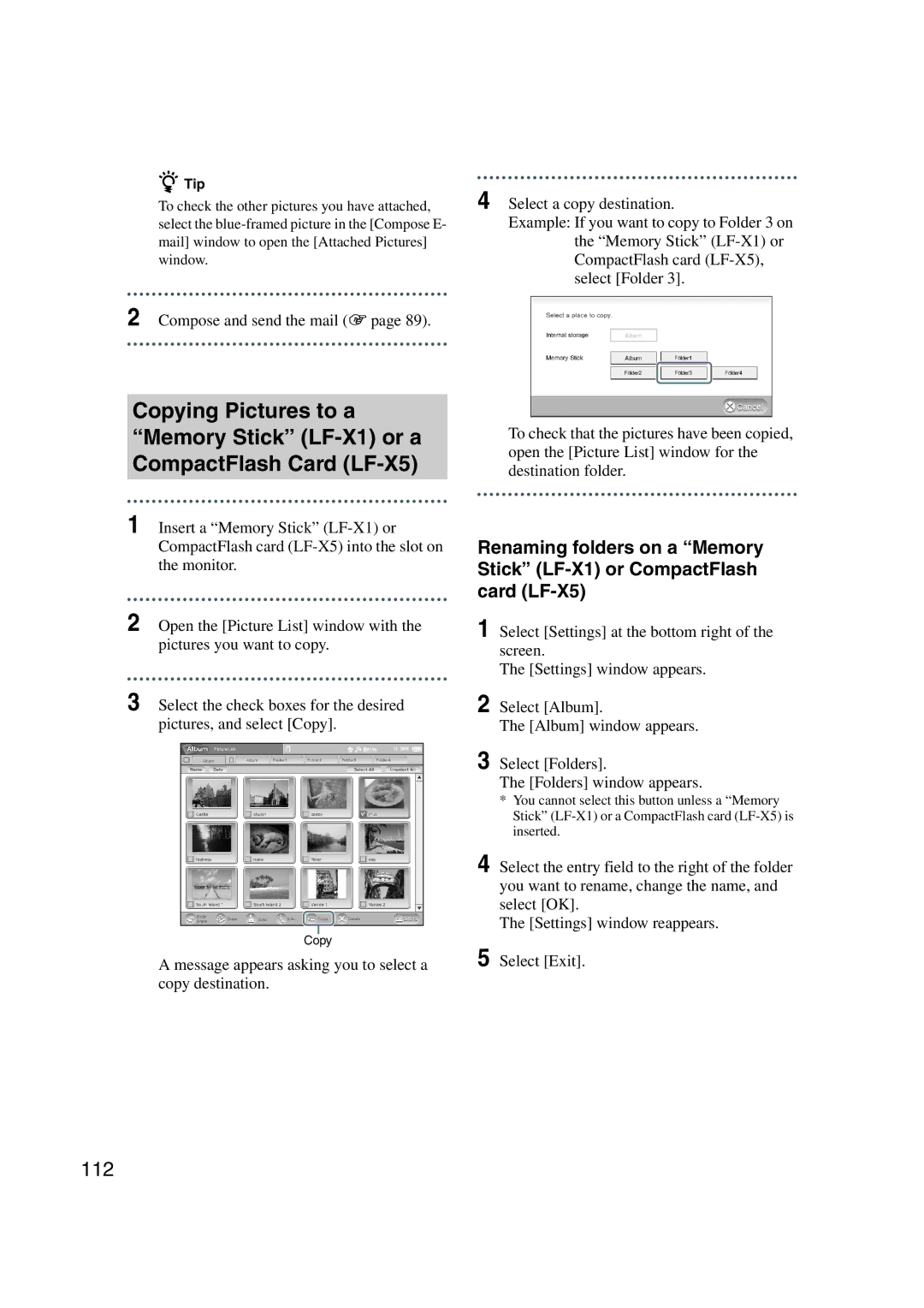 Sony LF-X1, LF-X5 operating instructions 112, Compose and send the mail 1 