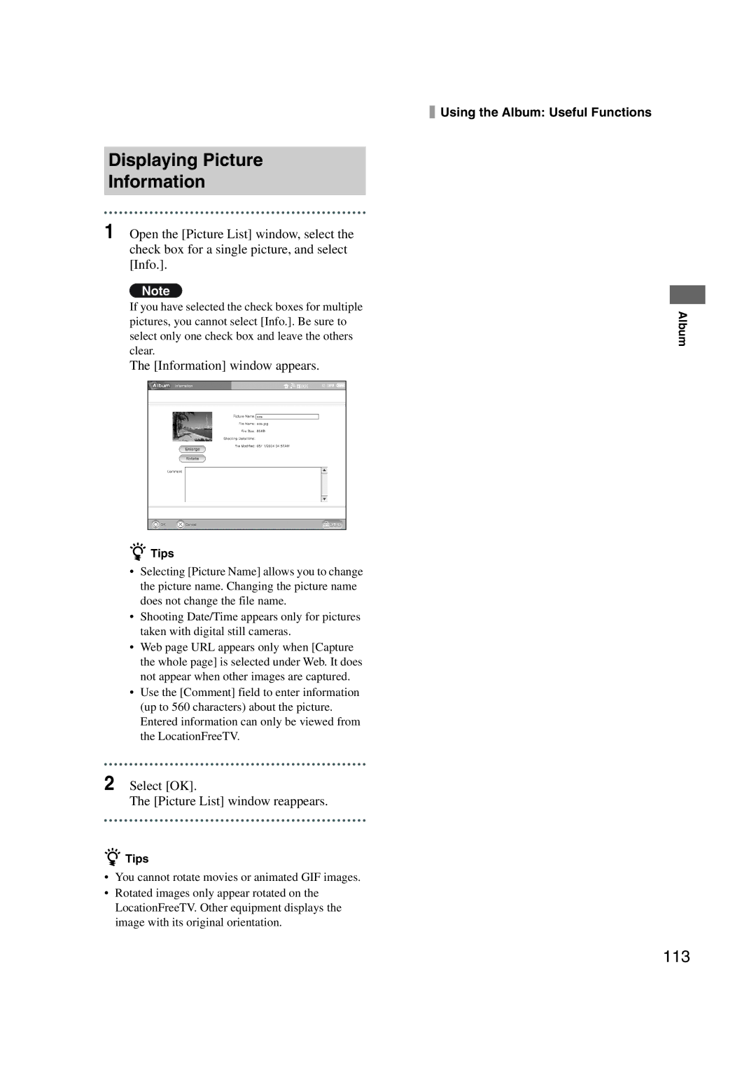 Sony LF-X1, LF-X5 Displaying Picture Information, 113, Information window appears, Select OK Picture List window reappears 