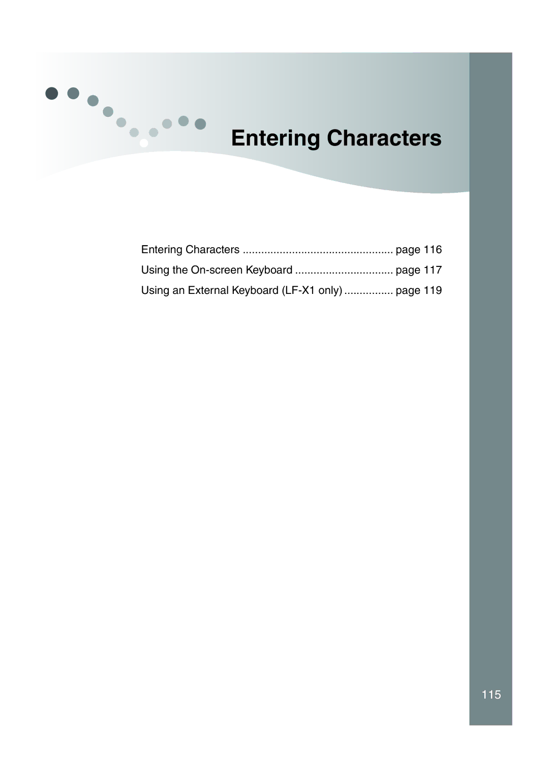 Sony LF-X1, LF-X5 operating instructions Entering Characters 