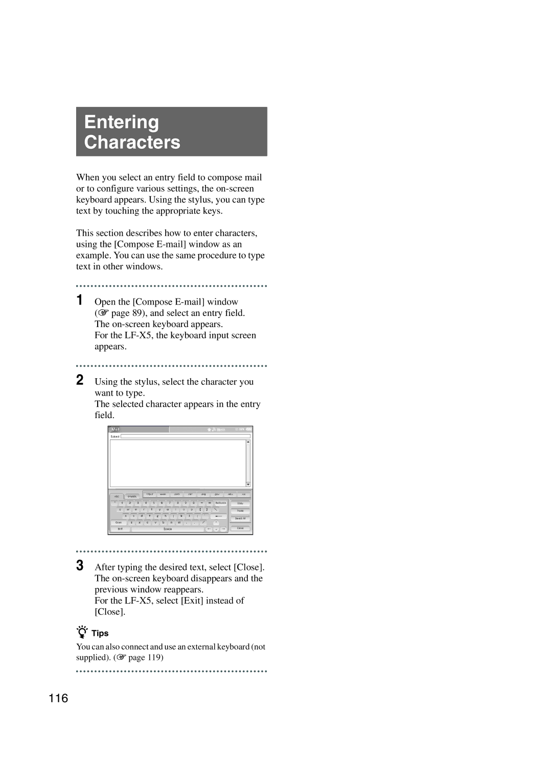 Sony LF-X1, LF-X5 operating instructions Entering Characters, 116 