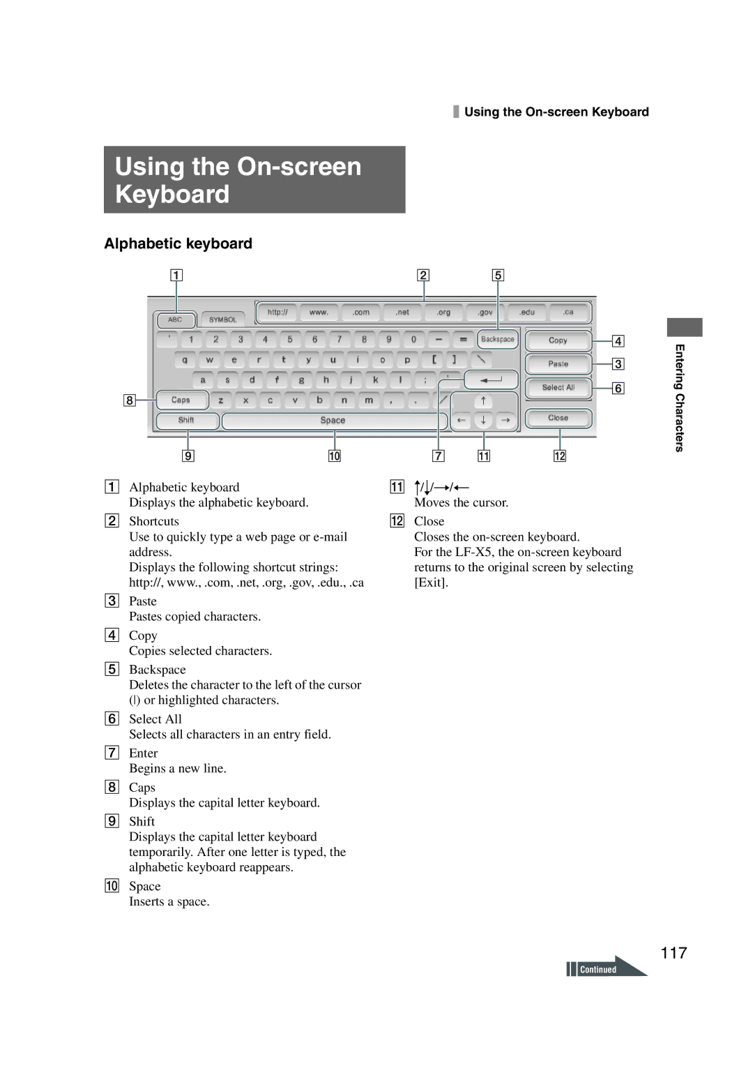 Sony LF-X1, LF-X5 operating instructions Using the On-screen Keyboard, 117, Alphabetic keyboard 