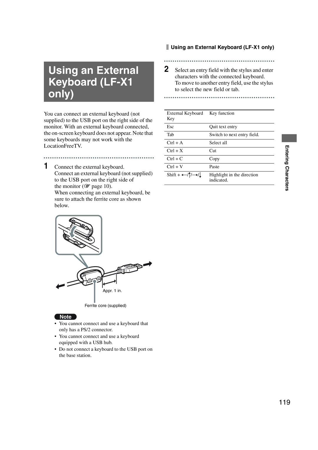 Sony LF-X1, LF-X5 operating instructions Using an External Keyboard LF-X1 only, 119 