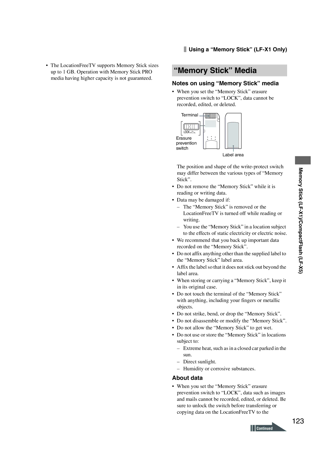 Sony LF-X1, LF-X5 operating instructions Memory Stick Media, 123, About data 