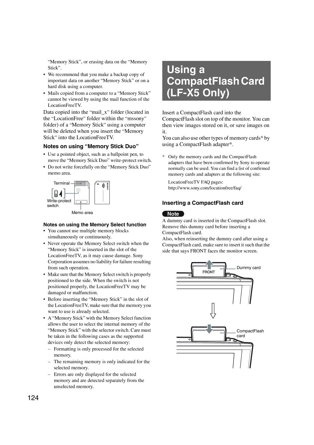 Sony LF-X1, LF-X5 operating instructions Using a CompactFlash Card LF-X5 Only, 124, Inserting a CompactFlash card 